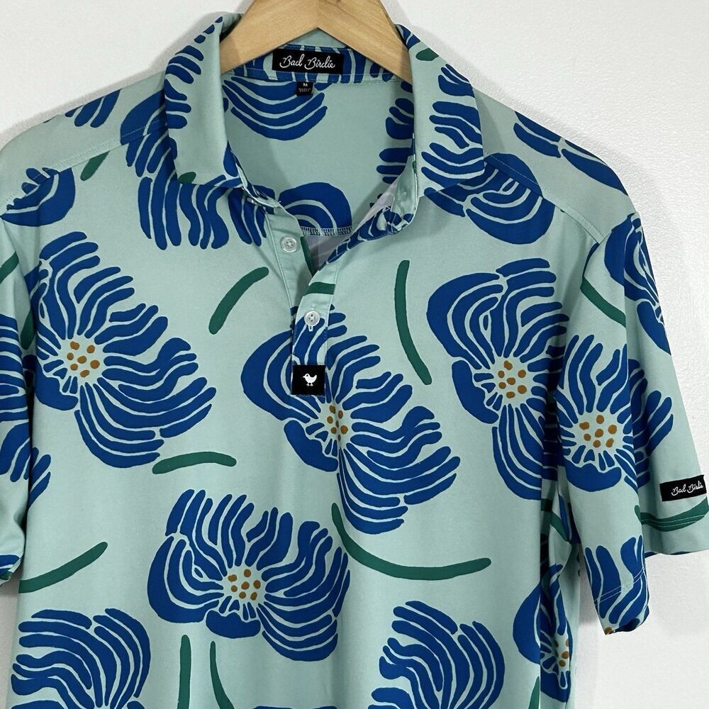 Bad Birdie Polo Shirt Golf Men's Size Medium Blue Floral Print Preppy Comfort - Picture 3 of 10